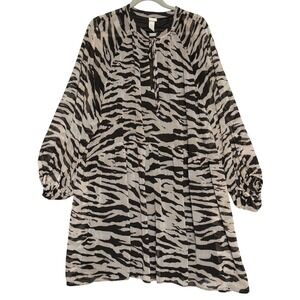 H&M XXL Zebra Print Sheer Tunic Dress Long Sleeve Black Beige Plus Size